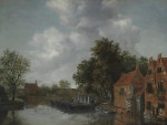₴ Репродукция пейзаж известного художника "Вид на канал в голландской деревне с баржами, пришвартованными на набережной возле домов"