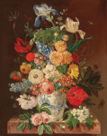 ₴ Репродукция цветочный натюрморт "Большой букет цветов со стрекозой и бабочками"