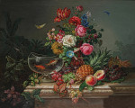₴ Репродукция цветочный натюрморт "Цветы, фрукты и золотые рыбки"