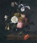 ₴ Репродукция цветочный натюрморт "Розы, маки, лютики, рябчик, герань, ирисы и другие цветы в стеклянной вазе на выступе"