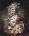 ₴ Репродукция цветочный натюрморт известного художника "Розы, березки, маки и другие цветы в серебряном весе рядом со скульптурной урной на каменном выступе, виноград и персики в плетеной корзине и инжир в пейзаже"