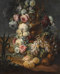 ₴ Репродукция цветочный натюрморт известного художника "Натюрморт с цветами в скульптурном весе с виноградом и другими фруктами"