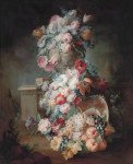 ₴ Репродукция цветочный натюрморт известного художника "Тюльпаны, розы, маки, березки и другие цветы в скульптурной урне на каменном выступе, виноград и персики на медной тарелке в пейзаже"