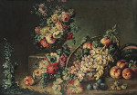₴ Репродукция цветочный натюрморт известного художника "Натюрморт с корзинами, полными фруктов и вазами с цветами"
