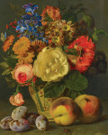 ₴ Репродукция цветочный натюрморт "Натюрморт с букетом цветов и фруктов"