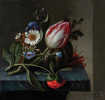 ₴ Репродукция цветочный натюрморт "Натюрморт с тюльпаном и другими цветами с дыней на выступе"