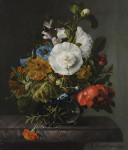 ₴ Репродукция цветочный натюрморт "Цветы в стеклянной вазе на мраморном выступе"