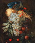 ₴ Репродукция натюрморт "Висячий букет фруктов, включая виноград, грушу и кукурузу в початках, с бабочками"