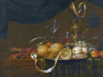 ₴ Репродукция натюрморт "Натюрморт с фруктами, крабами и другими объектами на частично драпированном столе"