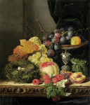 ₴ Репродукция натюрморт "Натюрморт с фруктами, листьями и птичьим гнездом на выступе"