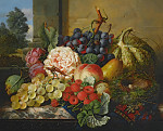 ₴ Репродукция натюрморт "Натюрморт с виноградом, малиной, персиком, грушей и сливами с птичьим гнездом на мраморном столе"