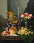 ₴ Репродукция натюрморт "Натюрморт с миксом фруктов, стаканом и подносом на столе"