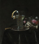 ₴ Репродукция натюрморт "Ремер на оловянной тарелке, цветы в серебряной вазе с ушками, на драпированном столе"