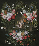 ₴ Репродукция цветочный натюрморт известного художника "Натюрморт с цветами в картуше вокруг аллегорического изображения путти с драгоценными предметами и маской"