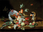 ₴ Репродукция натюрморт известного художника "Виноград и персики из опрокинутой делфтской миски, с ежевикой, инжиром, гранатами, виноградом, грушей и персиками на деревянном столе, с обезьяной и попугаем, наблюдающими за бабочкой"