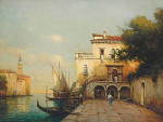 ₴ Репродукция городской пейзаж "Фигуры у венецианского канала, колокольня за ним"