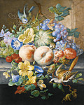 ₴ Репродукция натюрморт "Натюрморт с цветами, фруктами, двумя птицами и улиткой"