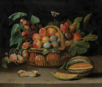 ₴ Репродукція натюрморт "Натюрморт з фруктами в плетеному кошику, з розрізаною динею"