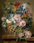 ₴ Репродукція квітковий натюрморт "Натюрморт із кошиком квітів на мармуровому виступі"