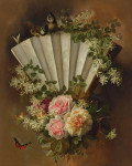 ₴ Репродукция цветочный натюрморт "Розы и цветы с веером, бабочками и птицами"