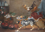 ₴ Репродукция натюрморт известного художника "Различные цветы в вазах, инжир и клубника в фарфоровых чашах Kraak, с медной посудой, дичью, бьющимися котами и собаками на переднем плане"