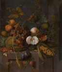 ₴ Репродукция натюрморт художника "Натюрморт с кукурузой, гранатами, персиками, абрикосами, черносливом, виноградом и тыквой на выступе"