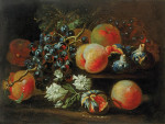 ₴ Репродукция натюрморт "Натюрморт с персиками, виноградом, инжиром и цветами"