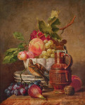 ₴ Репродукция натюрморт "Фруктовый натюрморт с щеглом и кувшином вина"
