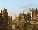 ₴ Репродукция городской пейзаж "Оживленная сцена на канале в голландском городке"