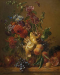 ₴ Репродукция натюрморт художника "Натюрморт с георгинами, мальвами и другими цветами в стеклянной вазе"
