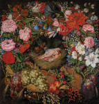 ₴ Репродукция натюрморт "Венок из цветов и фруктов с центральной композицией по мотивам Рубенса"