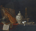 ₴ Репродукция натюрморт известного художника "Серебрянный золоченный кувшин, скрипка, жемчужное ожерелье, флейта, ноты, серебрянная чашка, книга, глобус, подсвечник, фарфоровая чаша и курительная трубка"