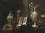 ₴ Репродукция натюрморт известного художника "Натюрморт с серебряным кувшином, гасителем свечей, различными бокалами и фарфоровыми вазами, расположенными на мраморной столешнице, задрапированной тканью"