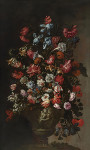 ₴ Репродукция цветочный натюрморт художника "Натюрморт с розами, лилиями, маками, ипомеями и другими цветами в скульптурной вазе"
