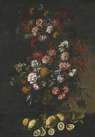 ₴ Репродукция цветочный натюрморт художника "Натюрморт с цветами в бронзовой урне, лимонами на выступе под ней"