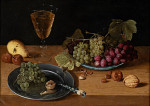 ₴ Репродукция натюрморт "Фарфоровая тарелка с красным и зеленым виноградом, оловянная тарелка с ножом, орехи, груша и бокал вина на столе"