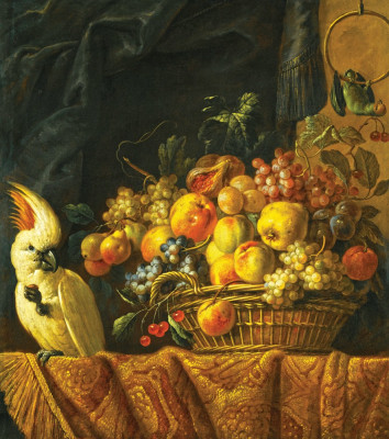₴ Репродукция натюрморт от 364 грн.: Инжир, виноград, яблоки и другие фрукты на столе с попугаем