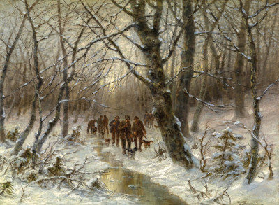 ₴ Репродукция пейзаж от 309 грн.: Охотники в зимнем лесу