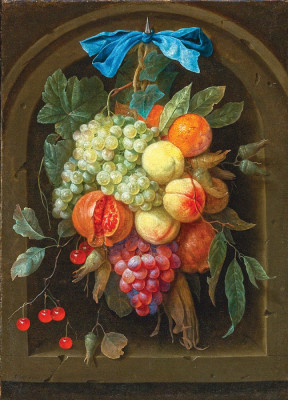 ₴ Репродукція натюрморт від 268 грн.: Натюрморт виноград, персики, гранат та інші фрукти у кам'яній ніші