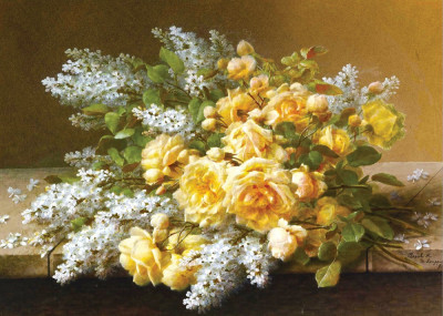 ₴ Репродукція натюрморт від 229 грн.: Натюрморт з трояндами та білим бузком на столі