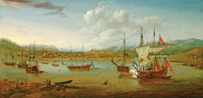 ⚓Репродукція морський краєвид від 222 грн.: Британські судна на якорі в бухті, "Нова Шотландія" салютує віце-адміралу