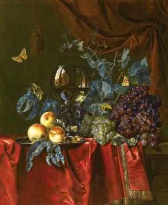 ₴ Репродукція натюрморт від 179 грн.: Виноград та персики на драпірованому столі