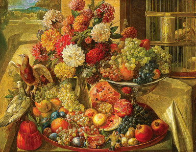 ₴ Репродукція натюрморт від 247 грн.: Квіти, фрукти та птиці