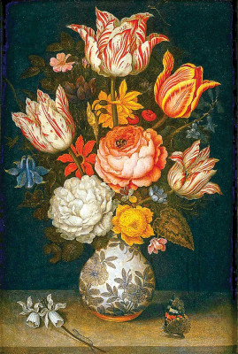 ₴ Купить натюрморт известного художника от 217 грн.: Цветы в вазе, бабочка и гусеница