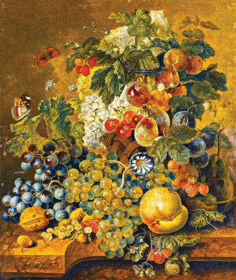 ₴ Репродукція натюрморт від 365 грн.: Кошик фруктів, горіхи та квіти та равлик на кам'яному виступі, з метеликами, що літають, і бабкою