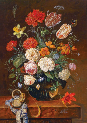 ₴ Репродукція натюрморт від 268 грн.: Гвоздики, тюльпани, троянди та інші квіти у скляній вазі та хронограф на кам'яному столі