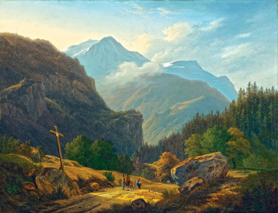 ₴ Репродукція краєвид від 247 грн.: Гірський краєвид з мандрівниками