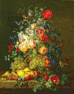 ₴ Репродукція натюрморт від 242 грн.: Квіти та фрукти на виступі