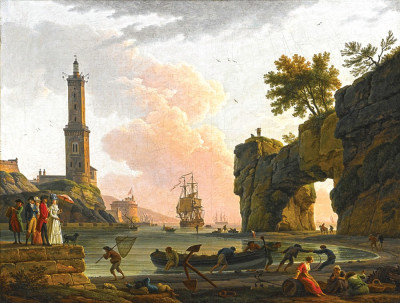⚓Репродукция морской пейзаж от 355 грн.: Средиземноморская гавань на закате, на пирсе художник с дочерьми и сыном, их слуга, маяк и природная арка в отдалении