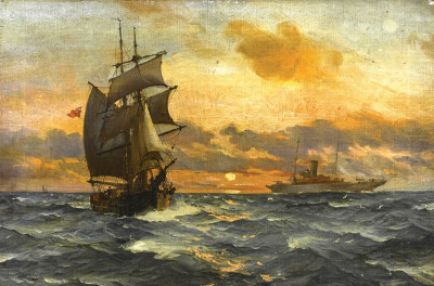 ⚓Репродукція морський краєвид від 217 грн.: Купецький бриг на заході сонця з елегантною яхтою на відстані